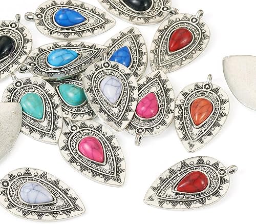 Miniatura 7 de Pandahall - 16 dijes de lágrima de estilo tibetano, plata antigua, turquesa, colgantes de lágrima, joyería occidental, dijes para mujer, pulseras