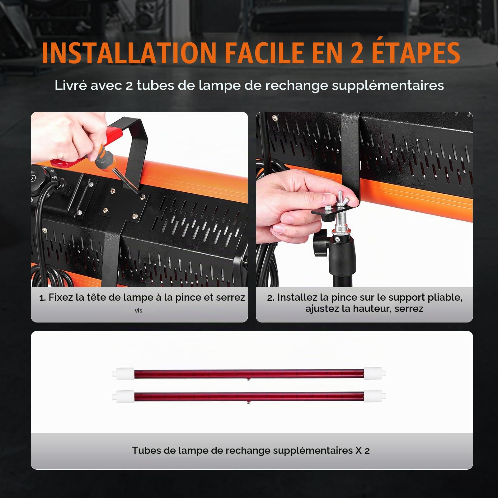 VEVOR Lampe polymérisation infrarouge double usage séchoir peinture portable sur pied, 2000 W, minuterie 0-90 min, chauffage auto pulvérisation 0,33 ㎡, lampe à polymériser avec support pour réparation
