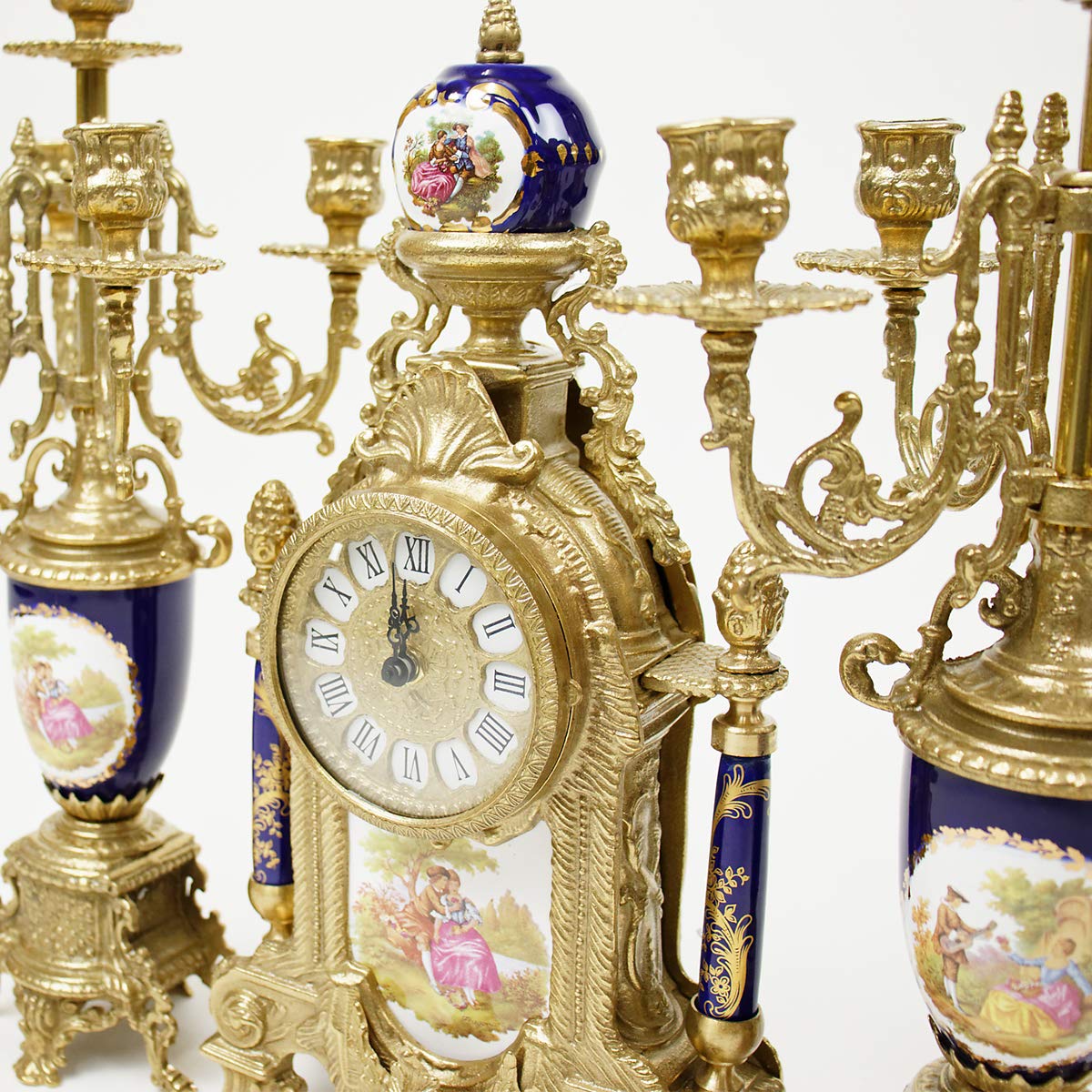 イタリア 時計 キャンドルスタンド 真鍮 磁器 ブルー 425TBG