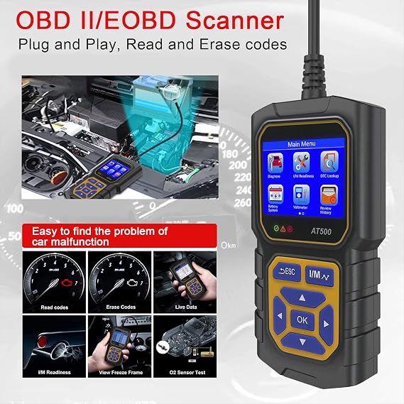 At500 سيارة Obd2 رمز الماسح الضوئي قارئ المحرك رمز الخطأ قارئ الماسح الضوئي ضوء الفولتميتر التلقائي أداة المسح التشخيصي لجميع سيارات بروتوكول Obd Ii منذ عام 1996 ، دعم متعدد اللغات