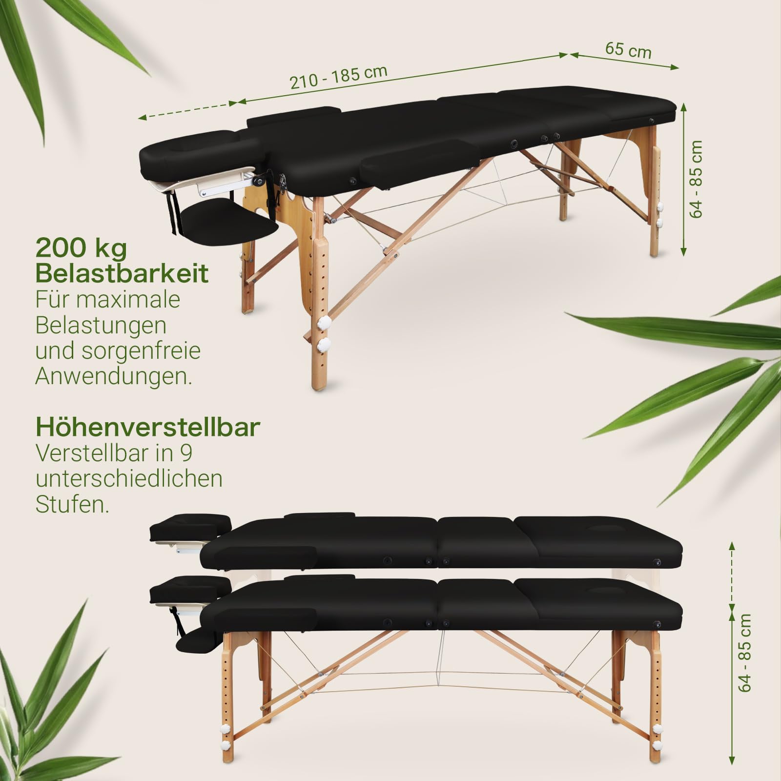 MASSUNDA – Mobile 3 Zonen Massageliege klappbar & höhenverstellbar – Stabiler Massagetisch aus Vollholz – All-Inkl. Massagebank mit ergonomischer Kopfstütze, Bezug, Armlehne, Kissen (Schwarz)