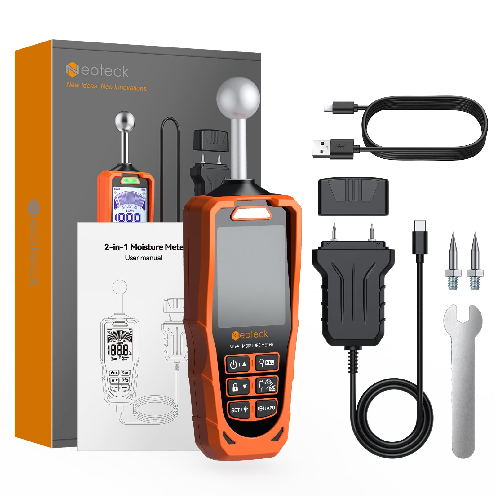 Neoteck Feuchtigkeitsmessgerät Pin&Pinless 2-in-1 Dual-Sonden mit LCD und akustischem Alarm