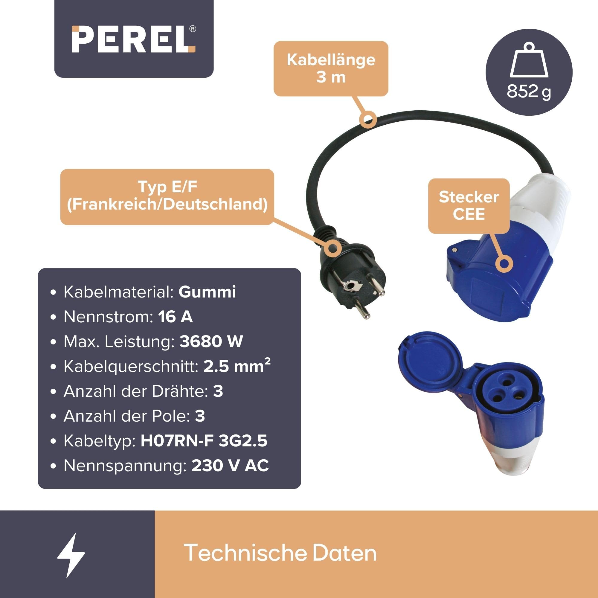 PEREL ECEEA3 Adapterkabel Schuko Stecker auf CEE Kupplung Länge 300cm