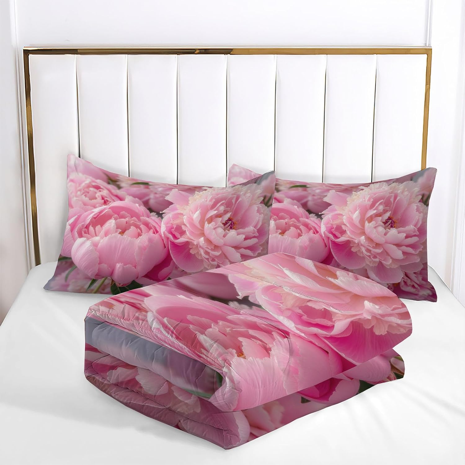 Romantic Flowers Comforter Set Queen Size, Blooming Peonies Bedding Set for Girls Boys, Pink Quilt Bed 90"X90" Bedding Comforter Sets with 2 Pillowcase Room Decor