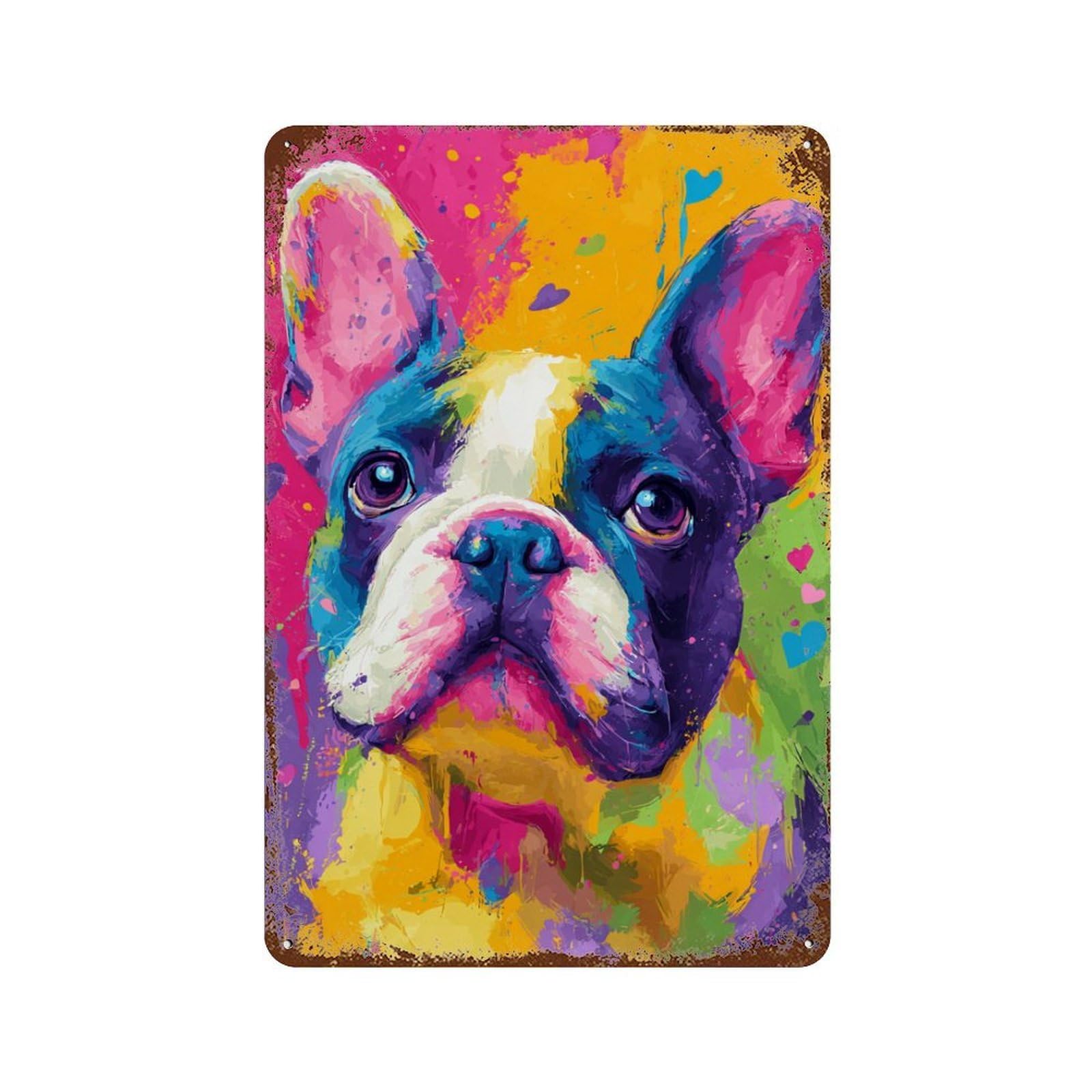 Garage Style Colorful French Bulldog Art Print-9 Weathered Tin Sign 11.8"x7.9", Farmhouse Wall Decor for Bar And Workshop