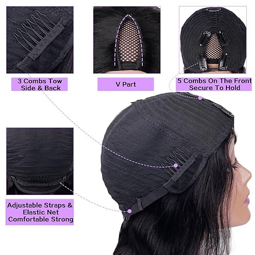 Miniatura 5 de Xagujpo Peluca de cabello humano virgen brasileño corto con parte en V para mujeres negras, sin dejar afuera, peluca de parte fina, sin pegamento,