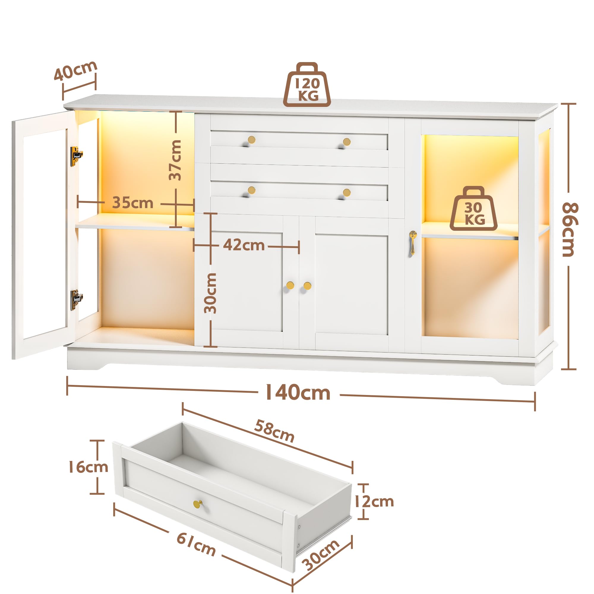 Sideboard mit RGB LED Beleuchtung 7 Dynamische Farben Fernbedienung, Breite Kommode 140cm Verstellbare Böden Metallgriffe, Vitrine 6 Ebenen Stauraum, Esszimmer Wohnzimmer, 40x140x86cm, Weiß