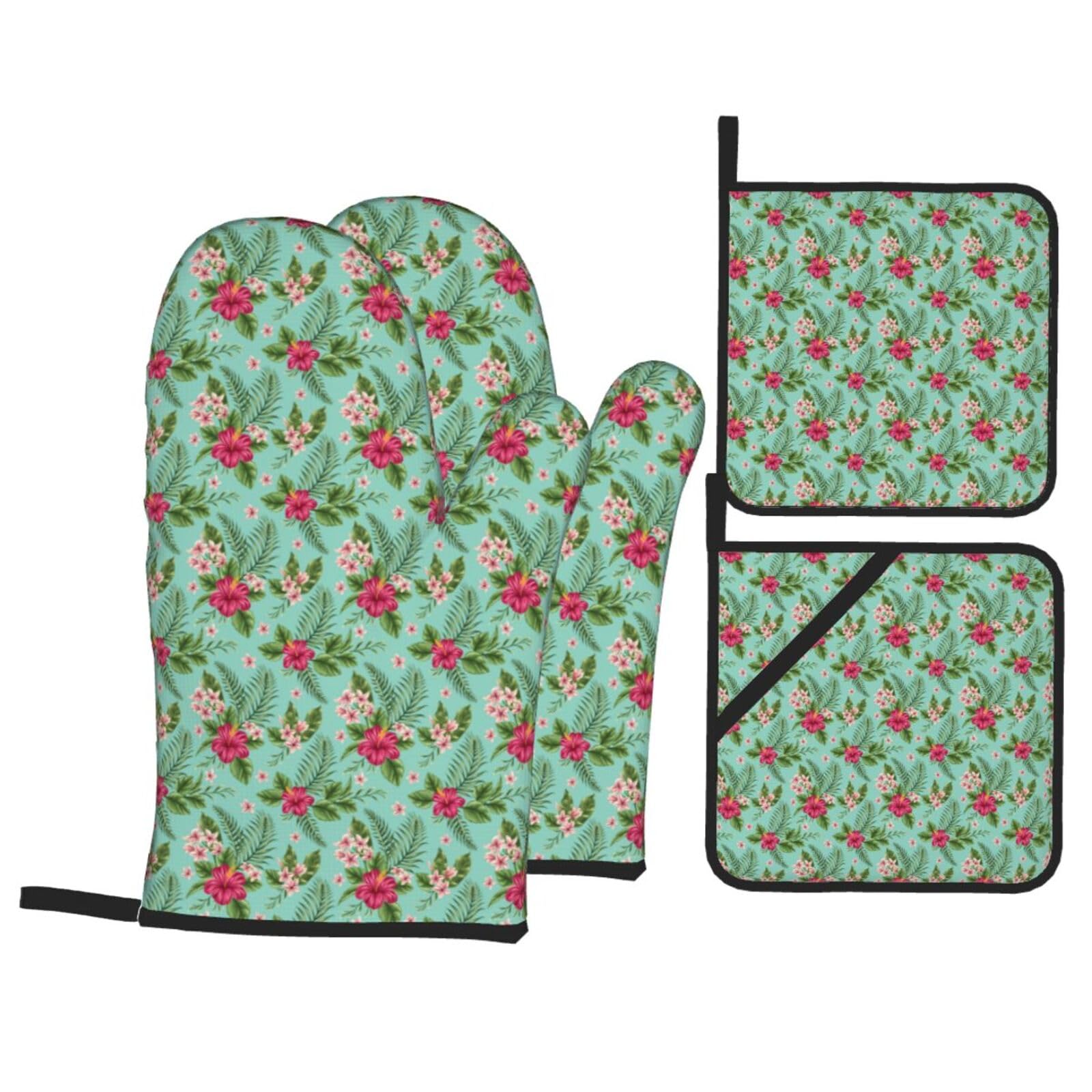 Hawaiian Tropical Leaves Flowers Print Stylish Heat-Resistant Oven 4-Piece Set Kitchen Gloves Roasting Daily Cooking