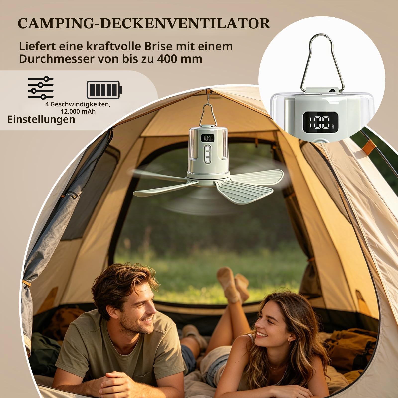 40cm Deckenventilator Akku, 12000mAh wiederaufladbarer Ventilator Lampe Decke mit Fernbedienung & LED Licht, 4 Windstufen und Zeitschaltuhr Leiser Deckenventilator für Hausgebrauch and Freien