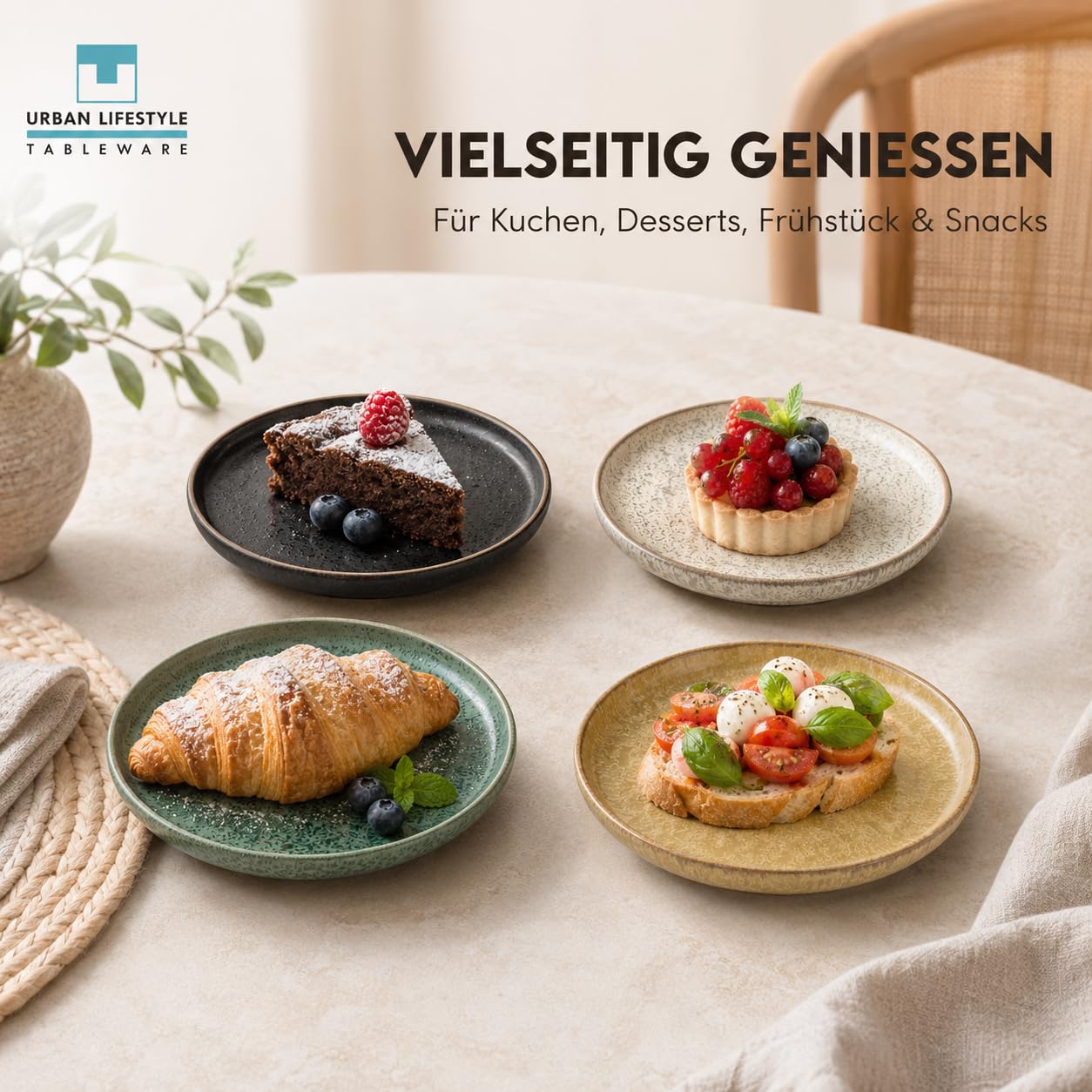 Urban Lifestyle Set Piatti Dessert 4 Pezzi Ø 15 cm in Gres Ronda, Piatti Piccoli Moderni e Colorati (4 Colori), Smalto Reattivo, Piatto Microonde e Lavastoviglie, Resistenti ai Graffi