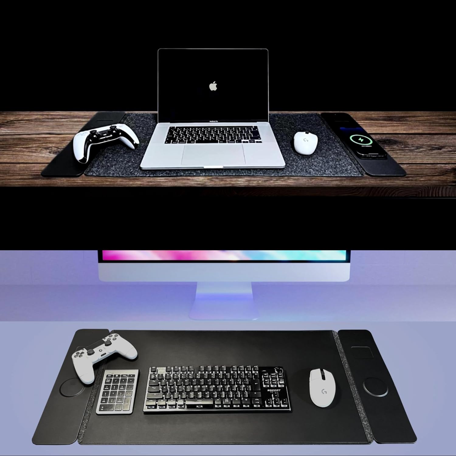 4inch.デスクマット型MagSafeチャージパッド 4台同時ワイヤレス充電/リバーシブルマット 最大15W出力 グレーフェルト・