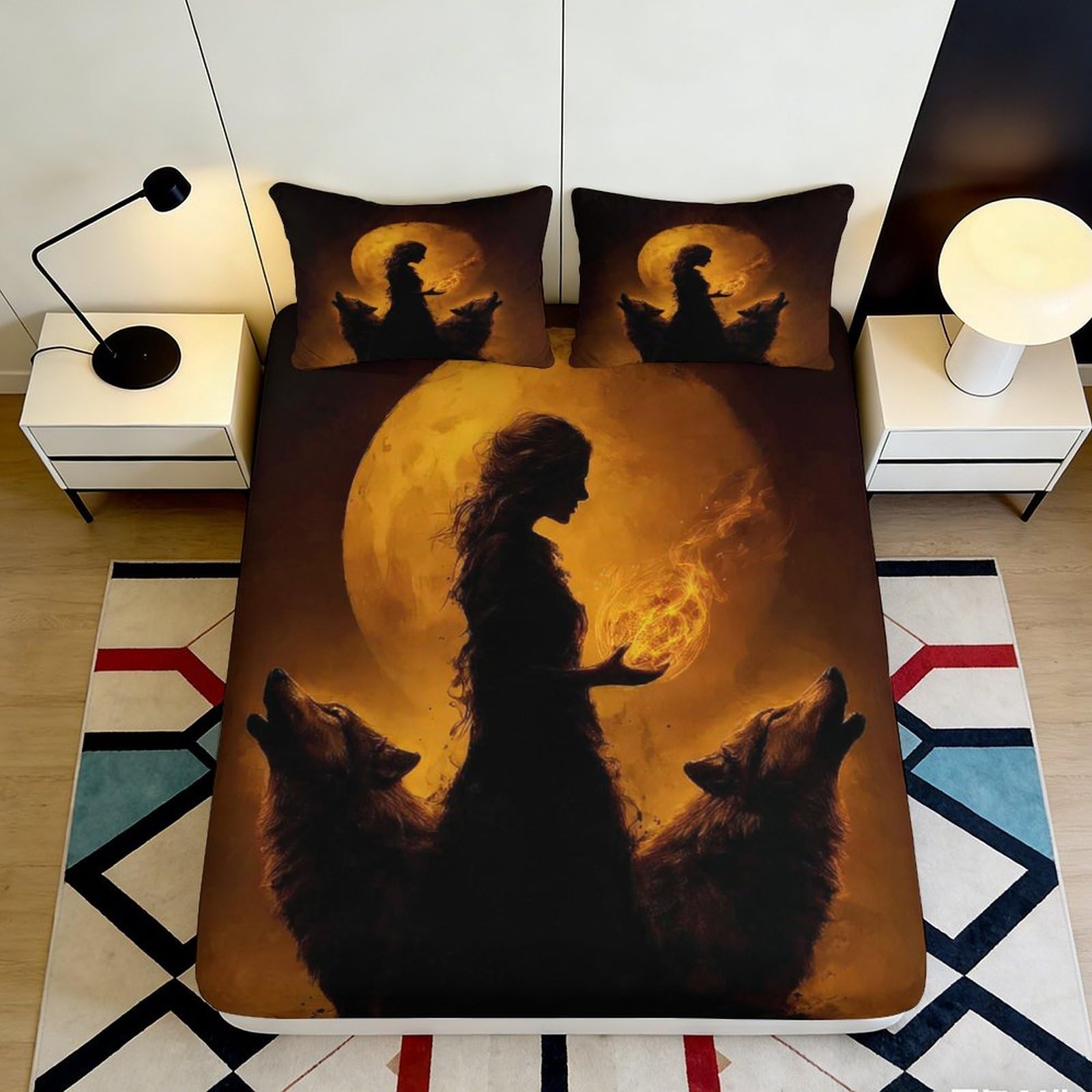 3D Printed Witch Silhouette Fitted Sheet Microfiber Soft Breathable Full Moon Bed Cover for Bedroom Dormitory Guest Room Mattress Protection Decor 140x200x25cm