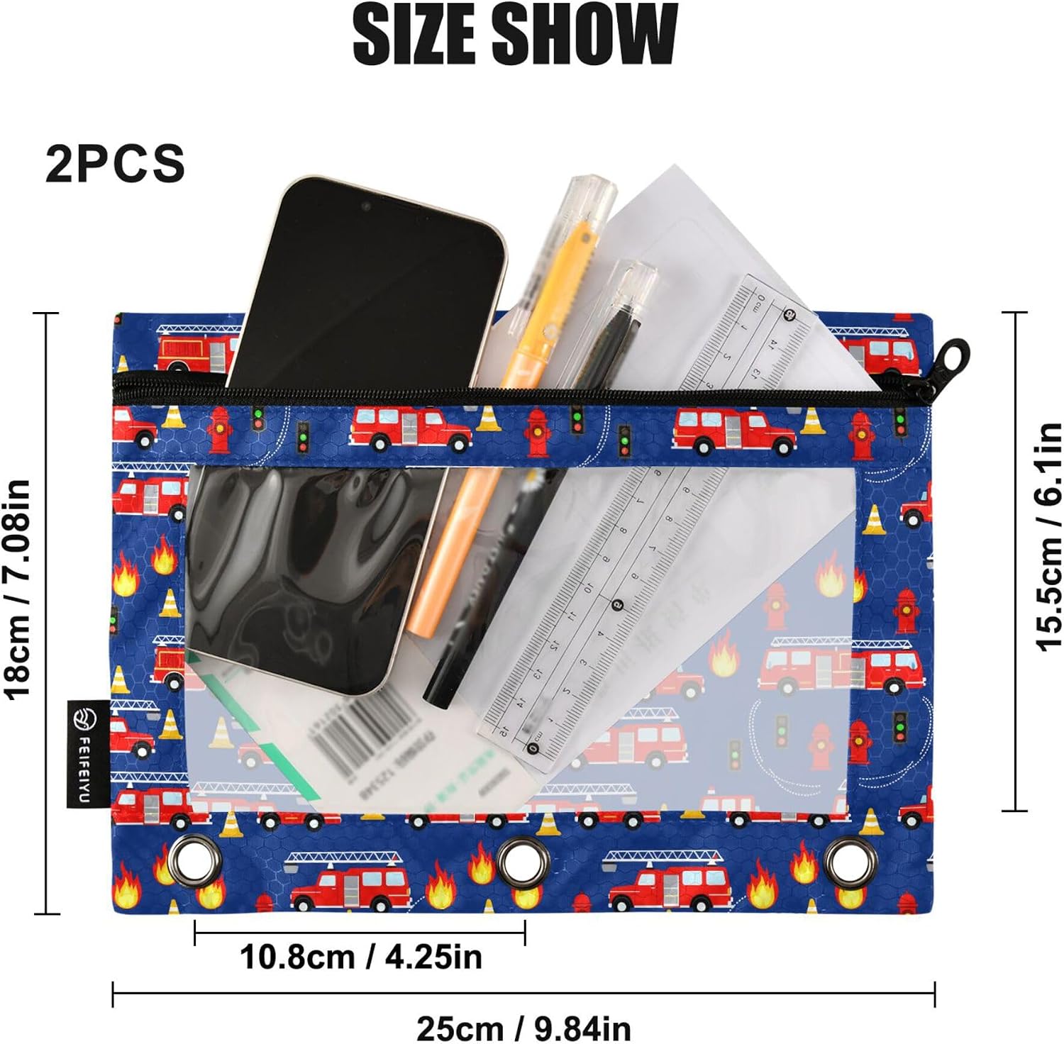 Fire Fightine Truck Binder Pouches 3 Ring for Boys Girls School Office College Supplies Cars Pencil Pouches Case Bag with Clear Window and Zipper 2 Pack image 3