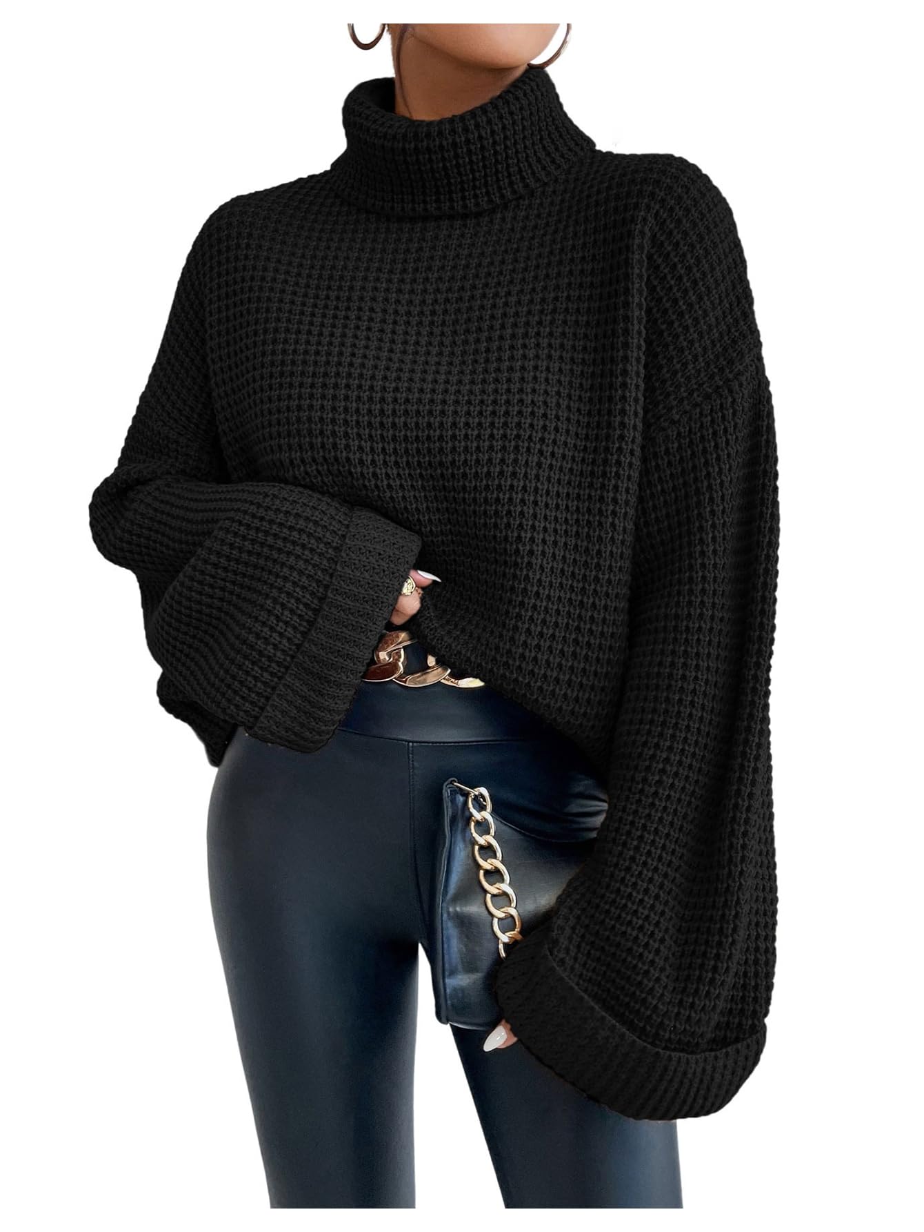 Womens Fold Over Neck Waffle Knit Sweaters Long Sleeve Pullover Turtleneck Jumpers