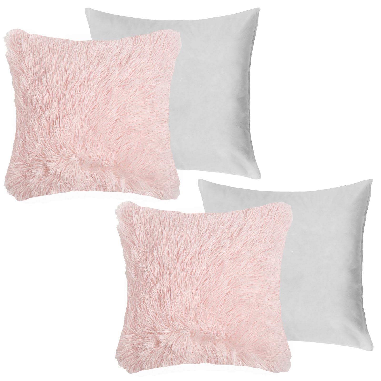 Sienna Filled Cushion Covers 45 x 45 Cushion Inner, Living Room Bed Sofa Cushion Pad Covers Bedroom Decorative Luxury Home Cushions with Covers Fluffy Shaggy, Blush Pink Pack of 2