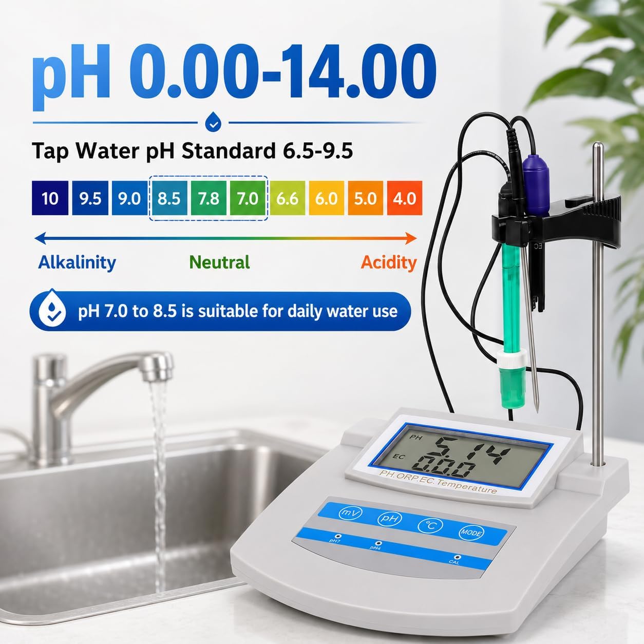 Kit de medidor de pH digital 6 en 1 con compensación de temperatura y almacenamiento de datos para acuario, laboratorio, granja y pesca