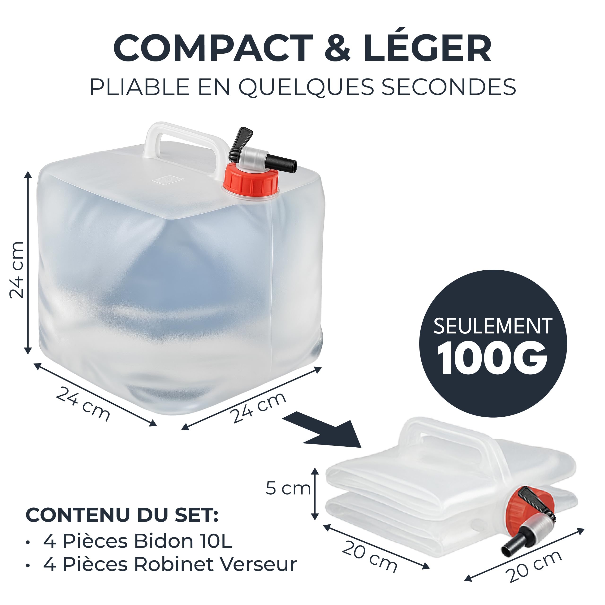 Lot de 4 bidons d'eau pliables de 10 l avec robinet, sans BPA et adaptés à un usage alimentaire, pour l'extérieur, le camping, l'eau potable, 10 l, 10 l