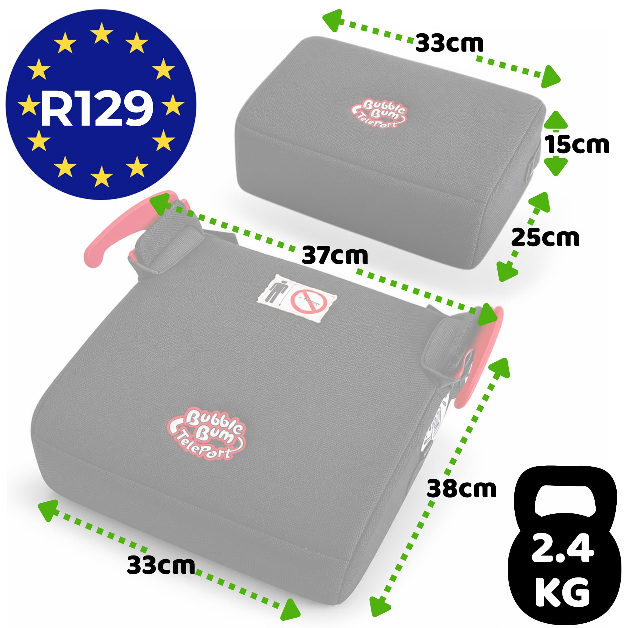 BubbleBum Teleportowany fotelik samochodowy, bez oparcia, przenośny fotelik samochodowy, idealny do codziennego użytku i składany, do podróży, certyfikat R129, wzrost dziecka od 125 do 150 cm, czarny