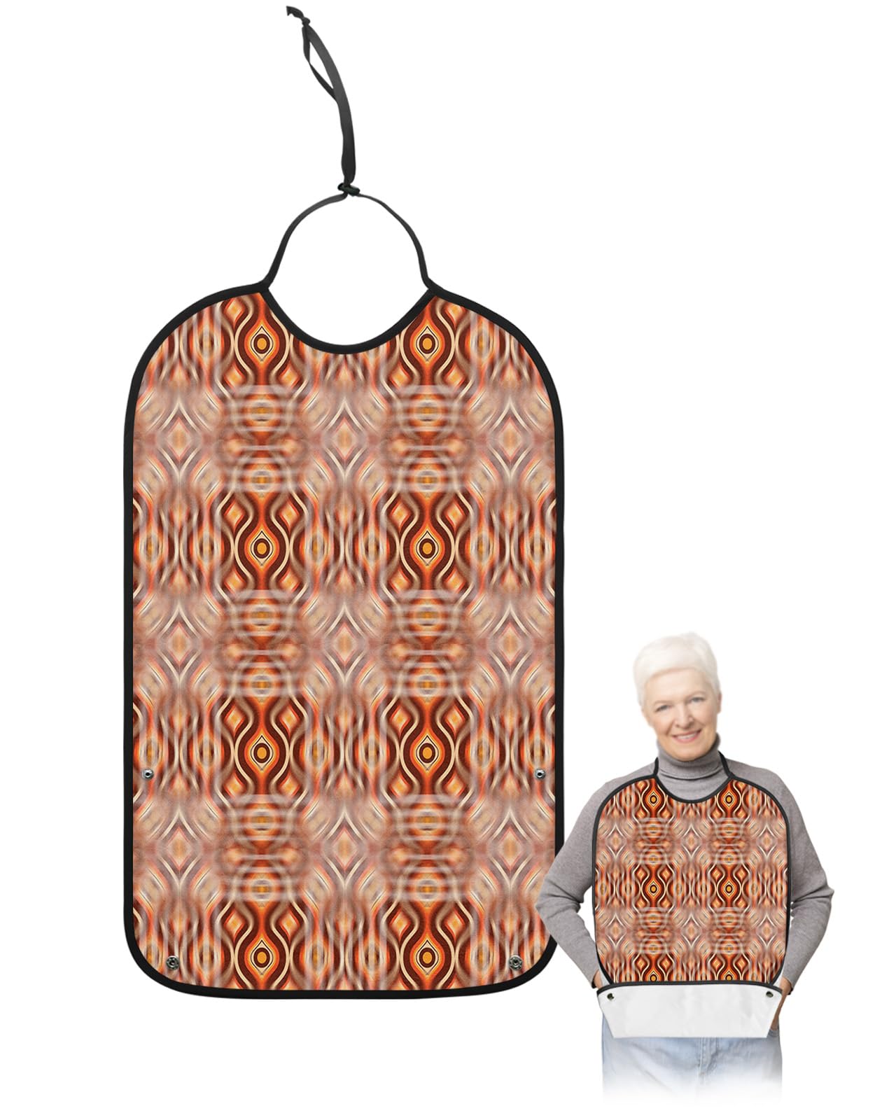 Abstract Adult Bib for Eating with Crumb Catcher,Washable & Waterproof Terry Cloth Adjustable Elderly Women Men Adult Bibs Funny Apron Reusable Clothing Protector Modern Geometric Circle Ombre Brown