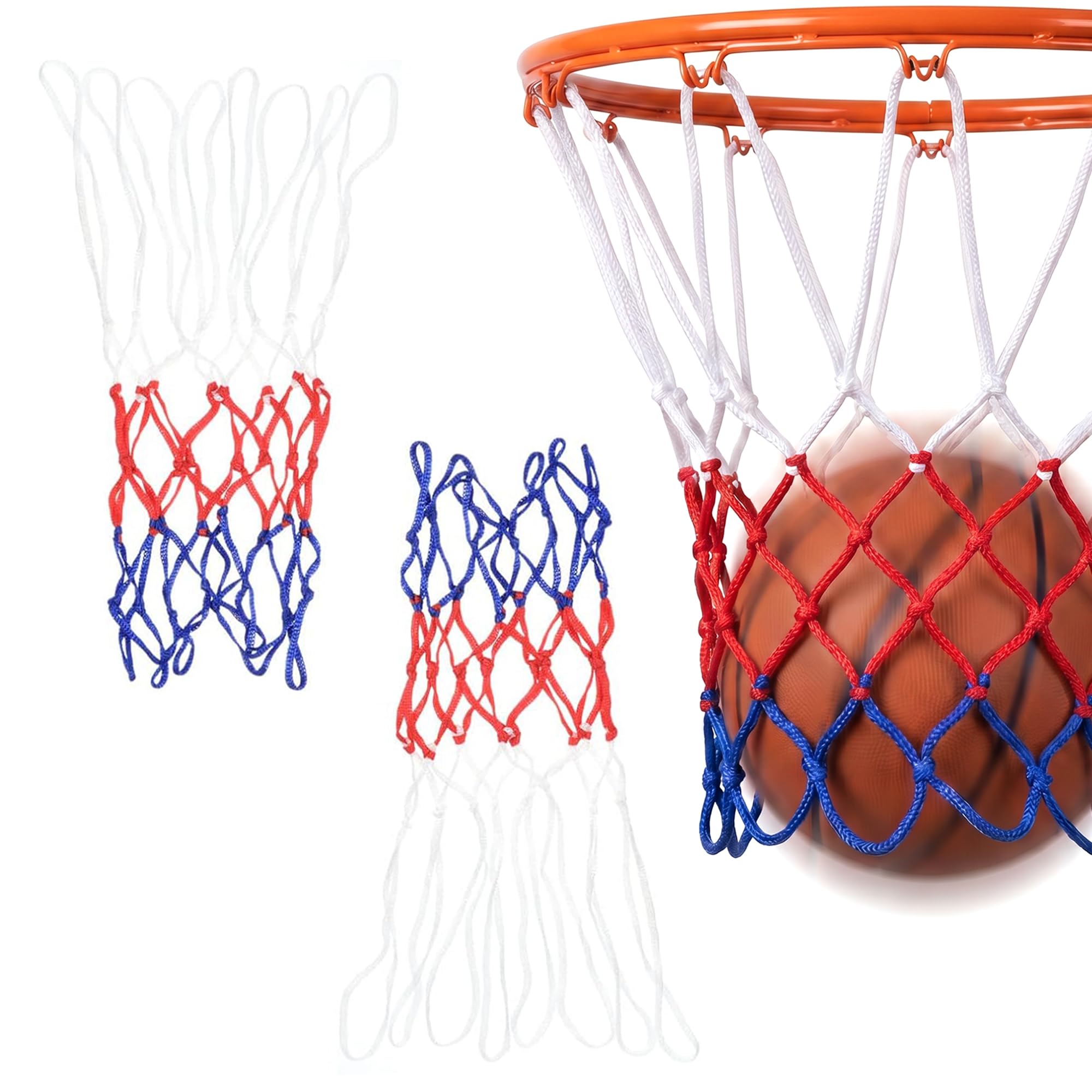 Confezione da 2 reti da basket, 5,5 mm di spessore, in nylon bianco-rosso-blu con 12 passanti, reti di ricambio rinforzate resistenti alle intemperie per canestri standard da basket interni ed