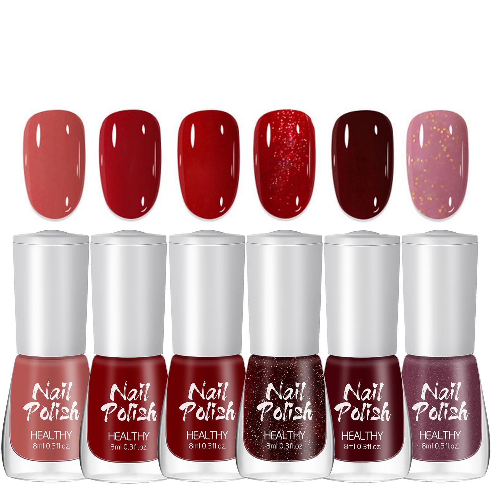 DMQ Red Nail Polish Set, 6Pcs Poinsettia Dark Red Burgundy Red Purple Glitter Nail Varnish Kit - Non-Toxic Water Based Holographic Nail Gel - Nail Paint Nail Art Manicure Kit Gifts for Women