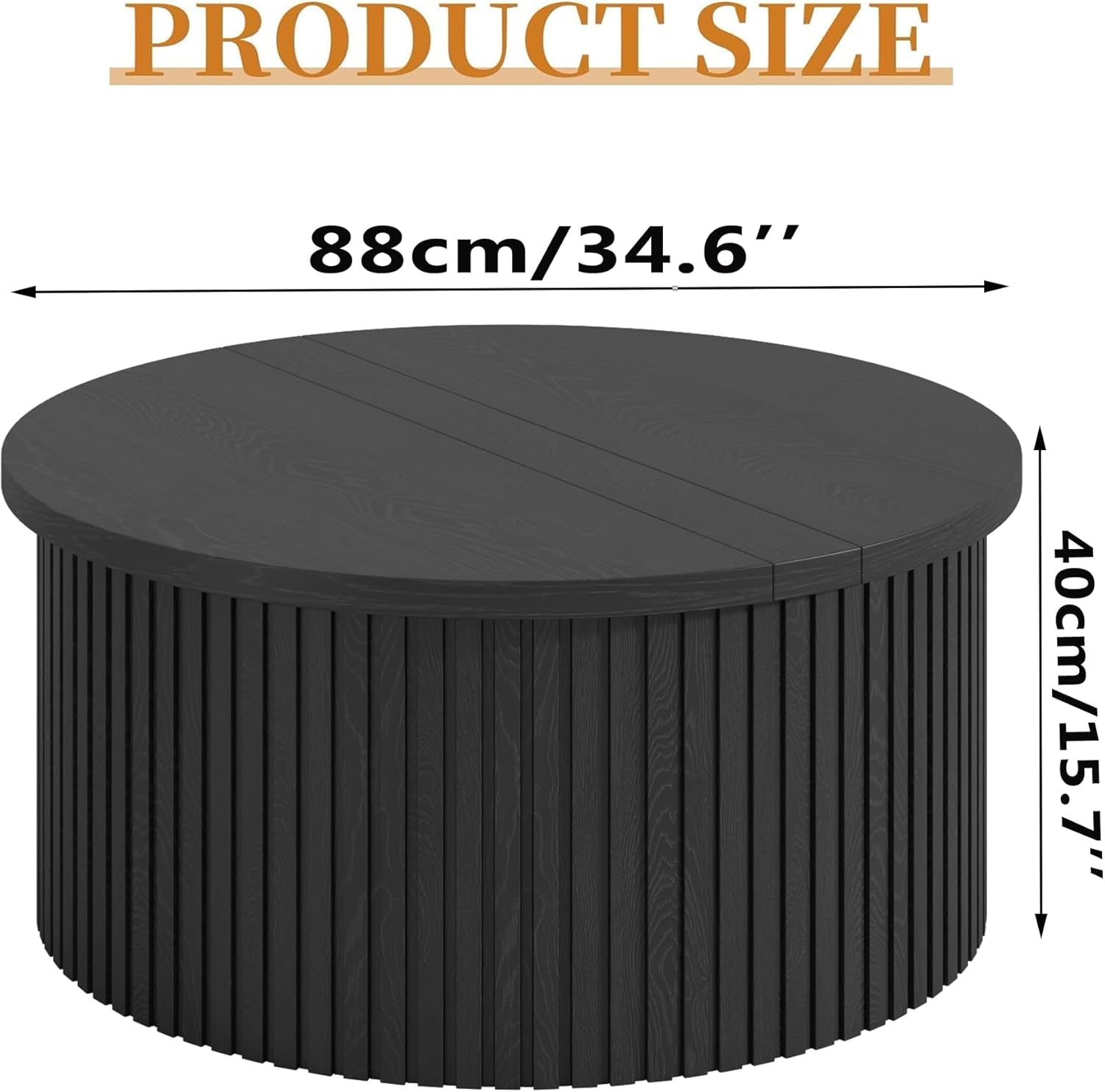 Diagram showing the dimensions of the round coffee table: 34.6 inches (88cm) diameter and 15.7 inches (40cm) height