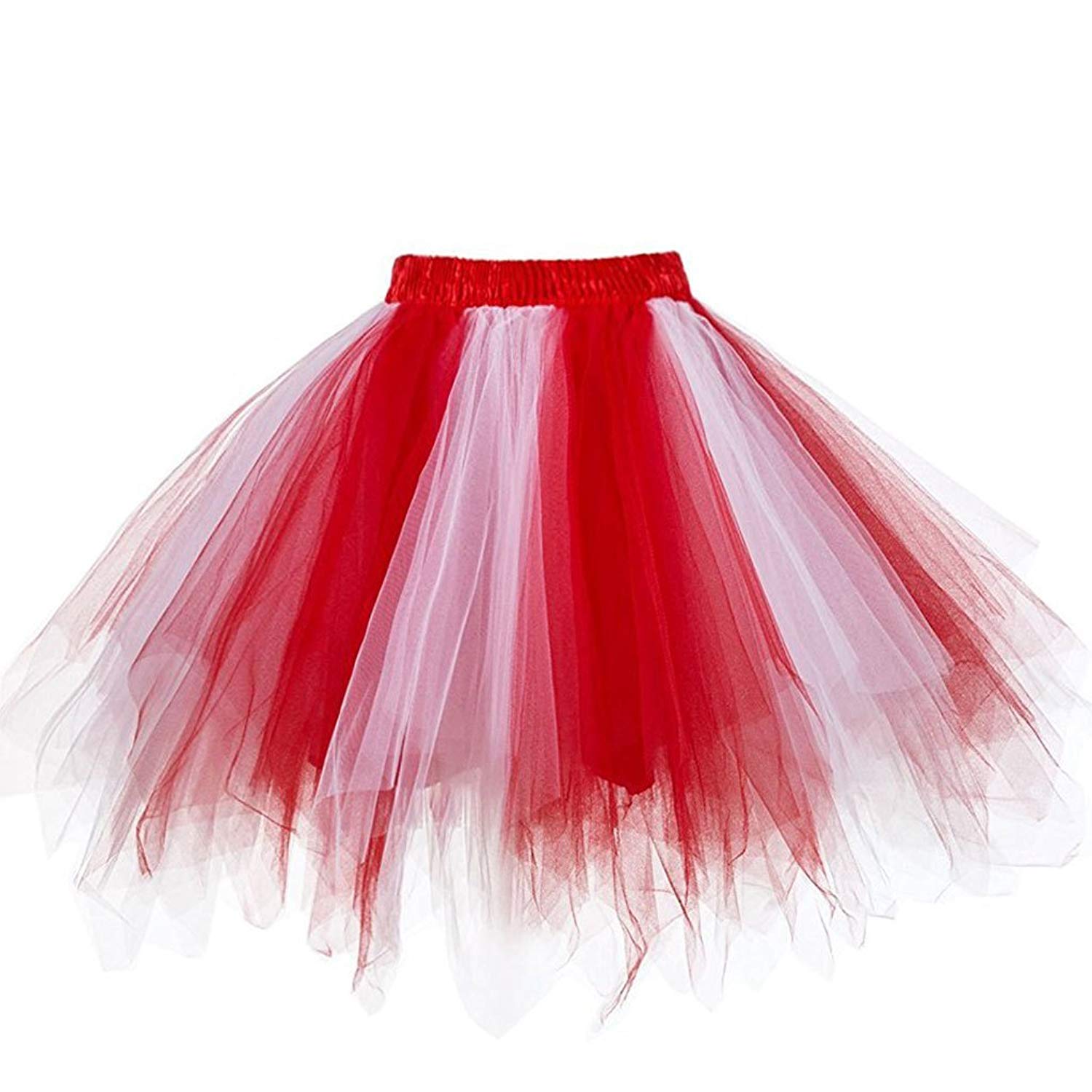 Womens Red White Puffy Tutu Layered Tulle Petticoat Skirt for Party, Red White, S/M/L
