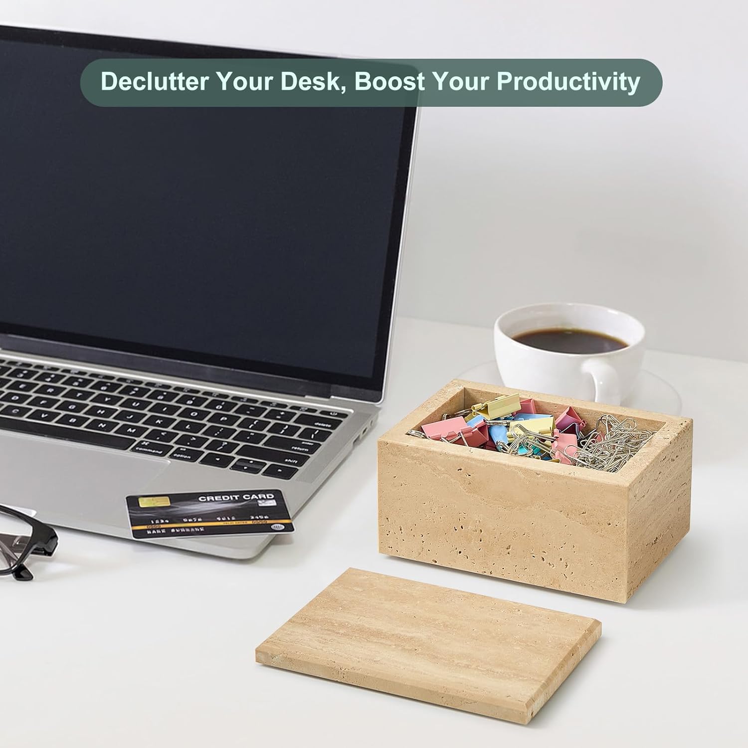 Natural Marble Storage Box with Lid, Rectangular Stone Organizer Box for Jewelry, Cotton Swabs, Makeup, 5.9x3.9x3.1 Inch Luxury Home Decor Travertine Keepsake Box