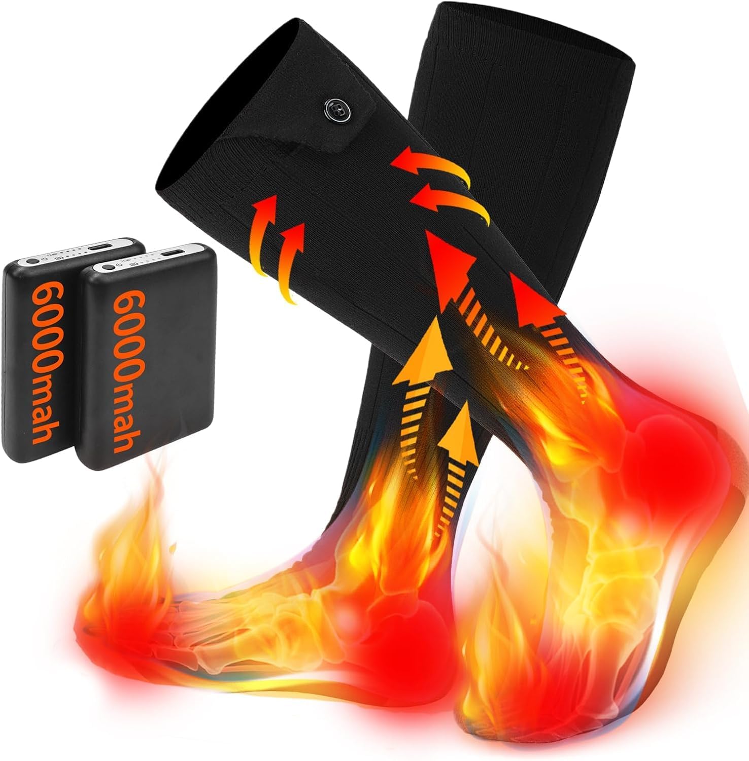 Electric Heated Socks for Men Women with 5V 6000mah Battery Foot Warmer 360° Toe Heating Electric Socks with 4 Levels Heat Settings Suitable for Outdoor Skiing, Winter Camping, Hiking (Black) (Black)