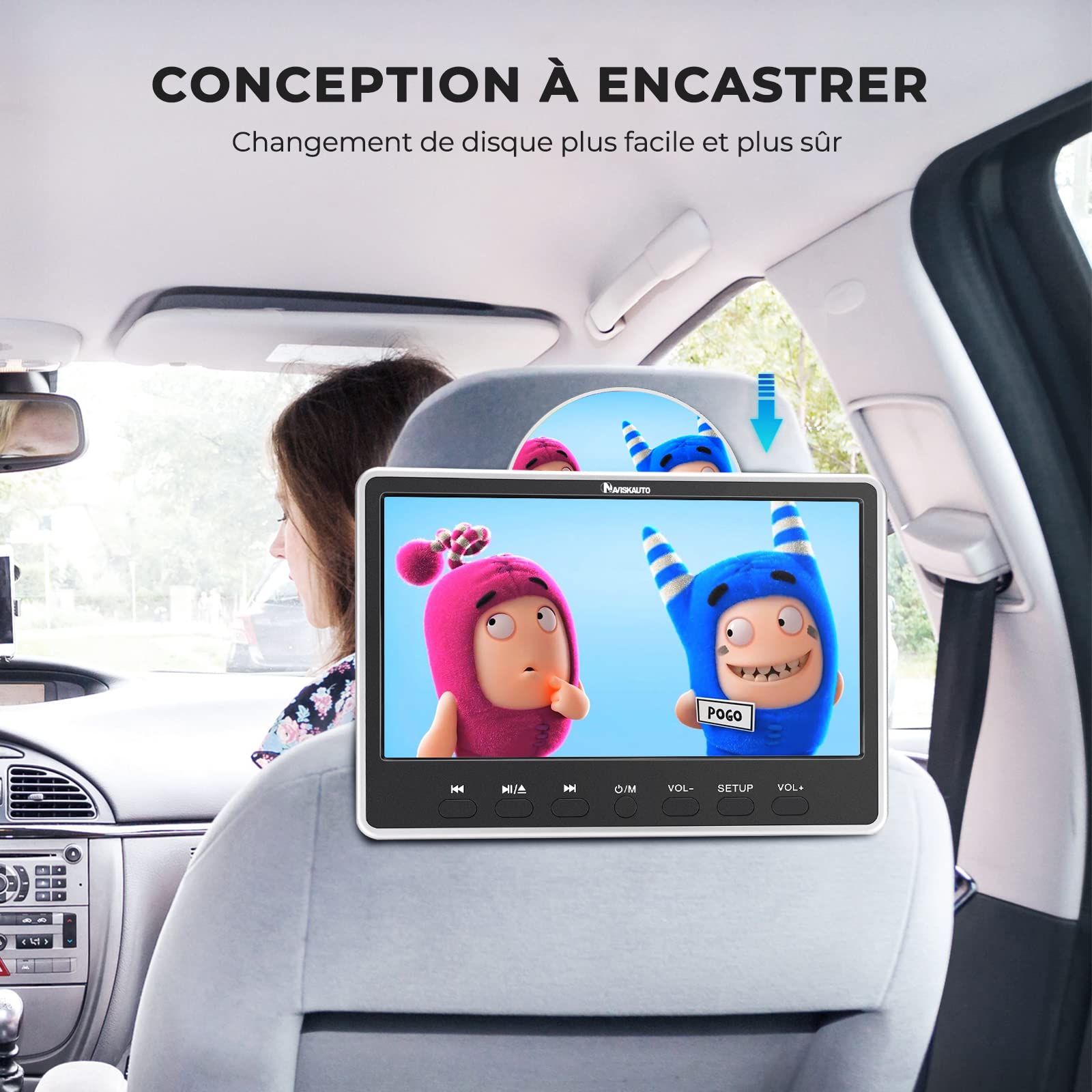 NAVISKAUTO Lecteur DVD Voiture Ecran d'appui tête avec Cable AV et Ecouteur pour Enfant 12 Pouce Compatible avec MP3, Supporte HDMI Input Région Libre USB SD