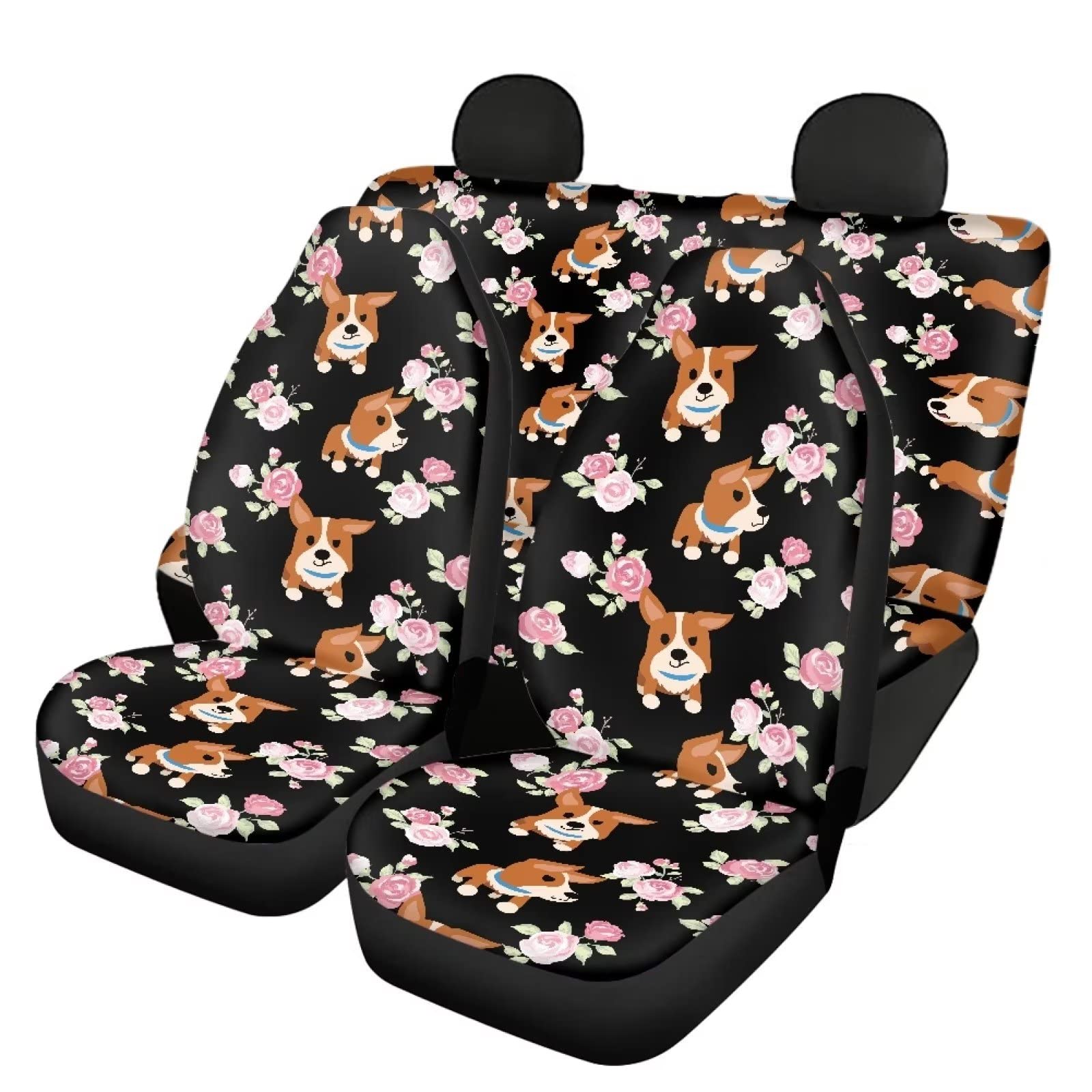 Modysero Cartoon Corgi Rose Print Car Seat Cover Full Set Novelty Soft Elastic All Season Automotive Seat Cover for Women Universal Auto Seat Cover Accessories Fit Most Cars Vehicles
