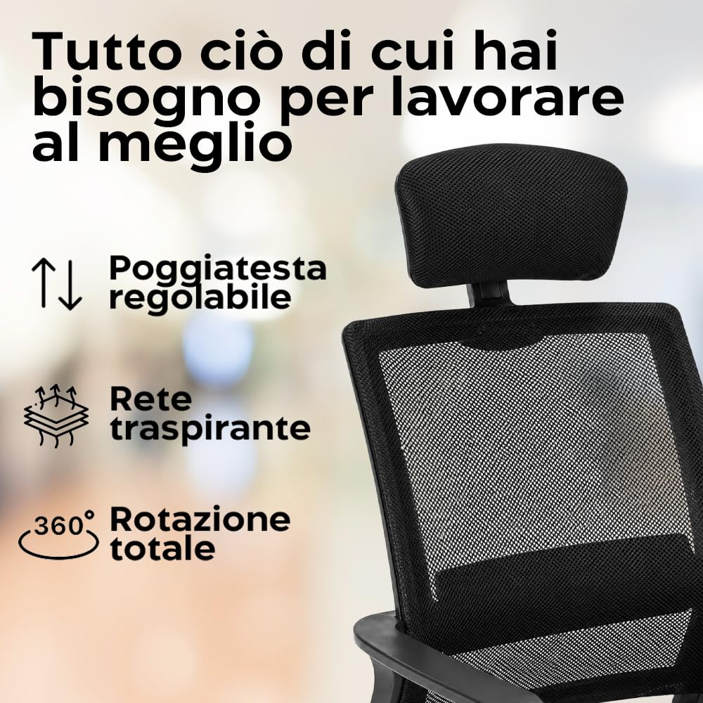 Mediawave Store – Sedia Ufficio Ergonomica ATLANTA con Poggiatesta Regolabile e Ruote Girevoli a 360 Gradi, Seduta Traspirante per Casa, Studio e Lavoro al Computer