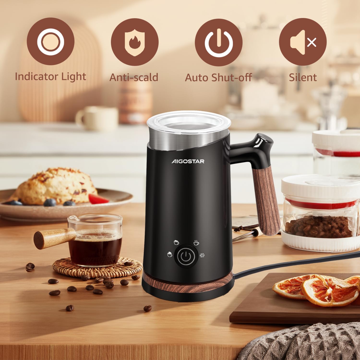 Aigostar Milky - Mousseur à lait électrique 4 en 1 Automatique, Mousseur a Lait 500W 300ml, Contrôle Intelligente de Température Mousseur de Lait Chaud et Froid pour Macchiato Chocolat Cappuccino