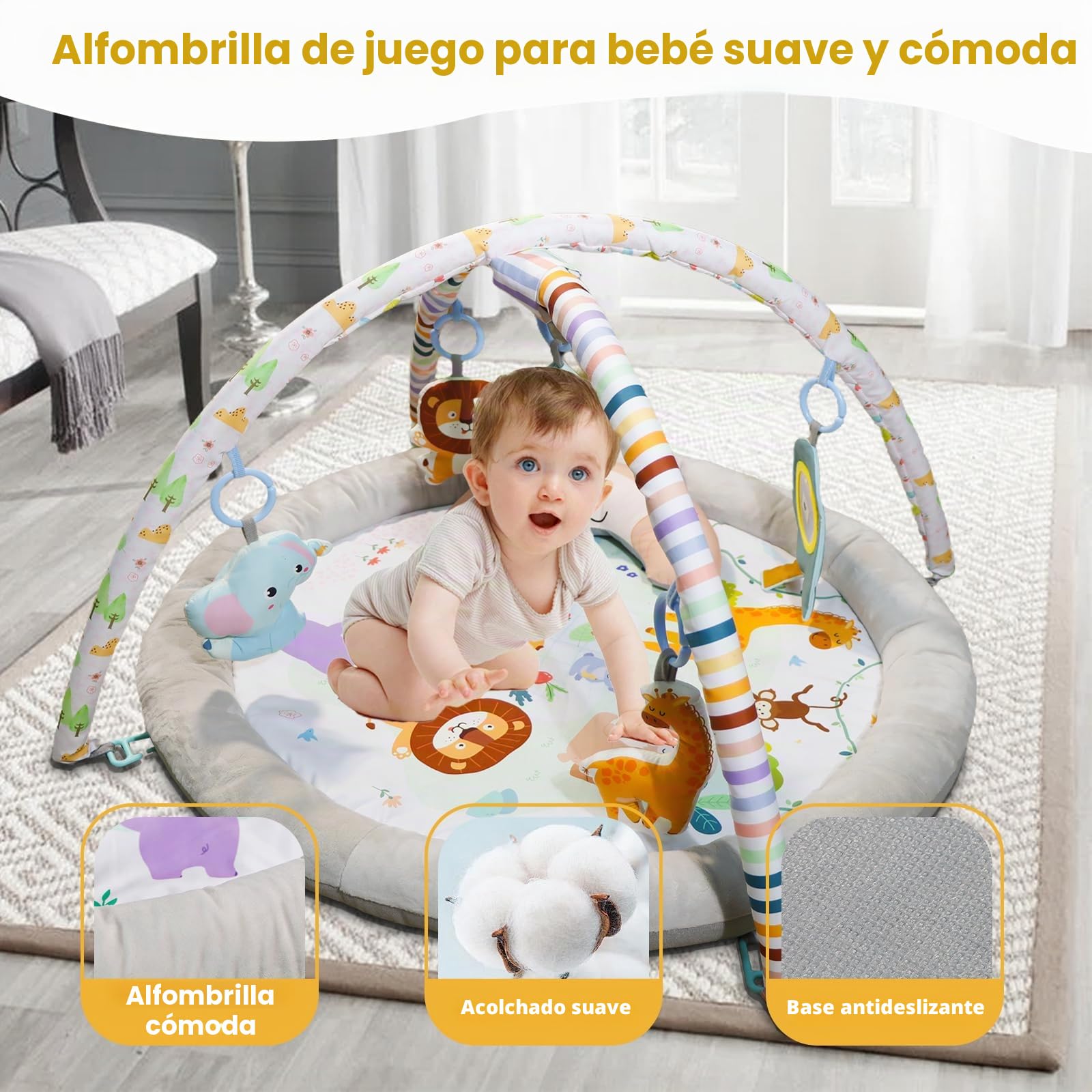 Baby Play Mat, Gym Play Mat for Newborn to 36 Months, with Hanging Toys, Tummy Time Pillow, Comfy Baby Mats, Floor Play, Activity Gym