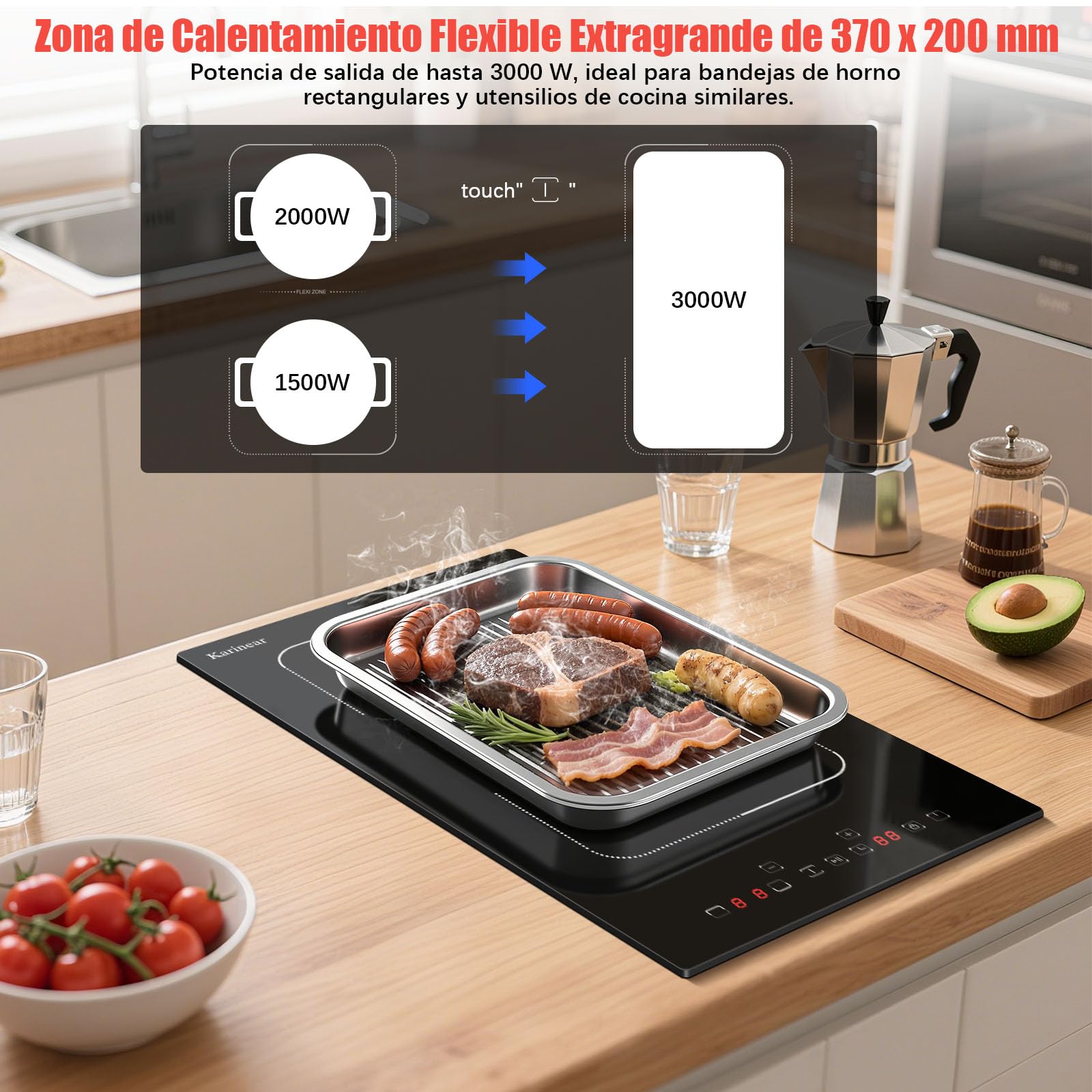 Placa Inducción 2 Fuegos con Enchufe, Induccion 3500 W con Zona Flexible