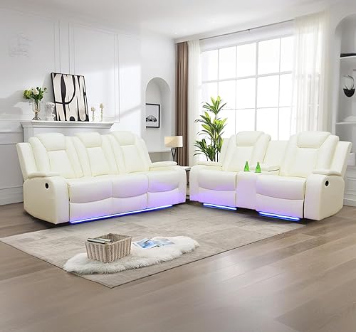Power Recliner Sofa Set with LED Lights,Leather Reclining Sofa and