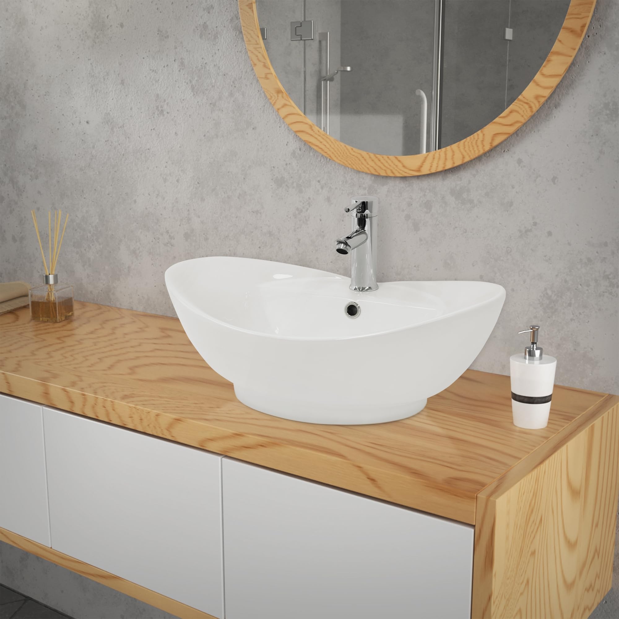 LuxeBath Lavabo Ovalado de Cerámica con Agujero Grifo Blanco Brillante Aseo Lavamanos sobre Encimera - 59x20,5x39,5 cm - Diseño moderno Pila de Pie para el Cuarto de Baño y de Invidatos-WC