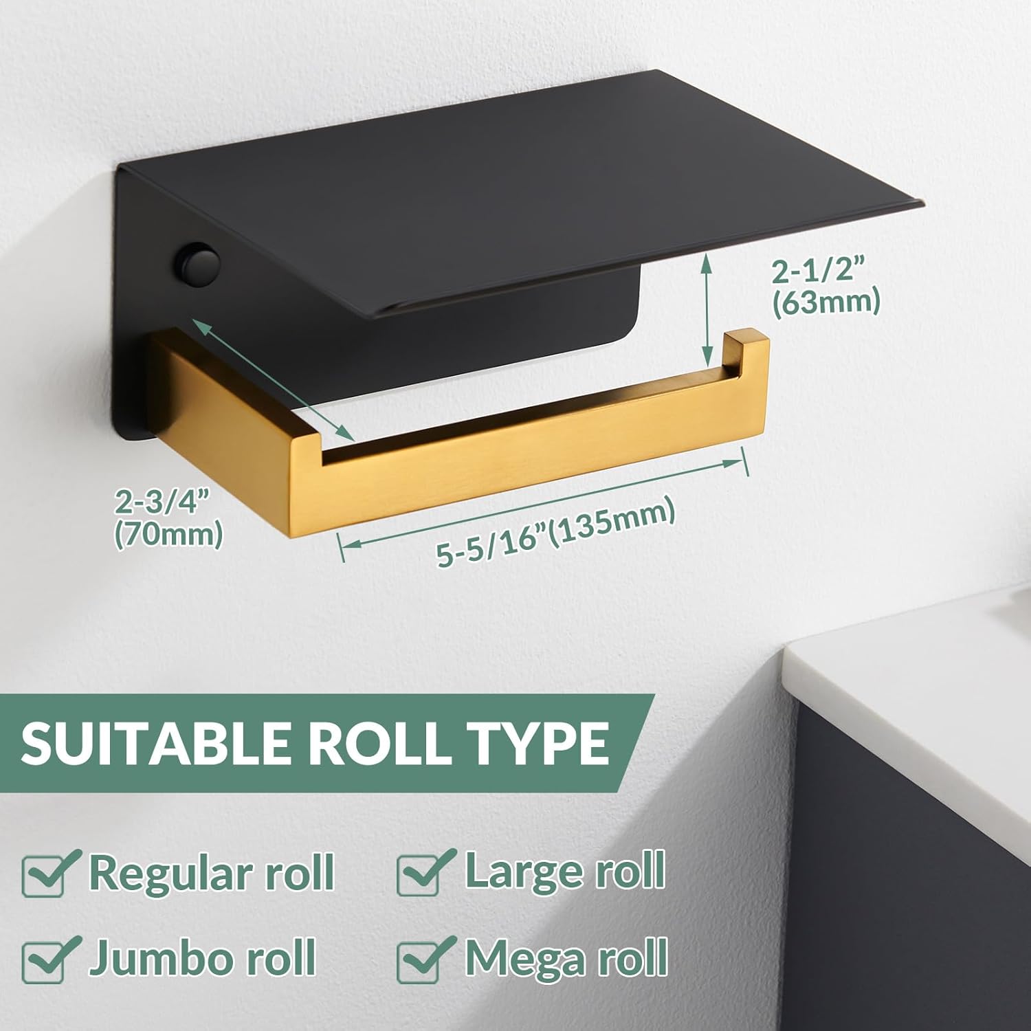 APLusee Black Gold Toilet Paper Holder with Shelf, Towel Hook 2 Pack Bundle, Wall Mounted