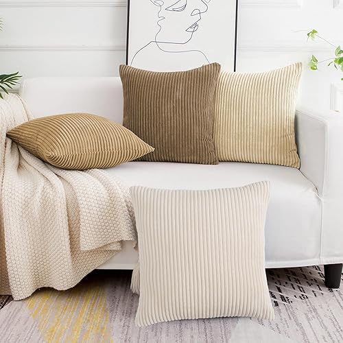 Softalker Juego de 4 fundas de almohada decorativas de 18 x 18 pulgadas, de pana suave, a rayas sólidas, decoración moderna, fundas decorativas para