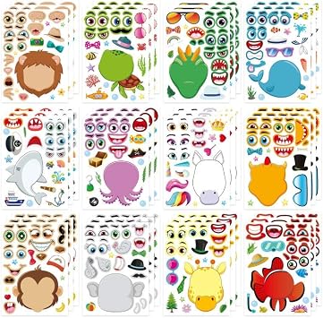 24PCS Reusable Animal Mix & Match Sticker Sheets for Kids | Safari, Sea & Fantasy Faces | Party Bag Fillers, Birthday Favors, Art Class Activity Supplies Lion, Shark, Unicorn, Dinosaur