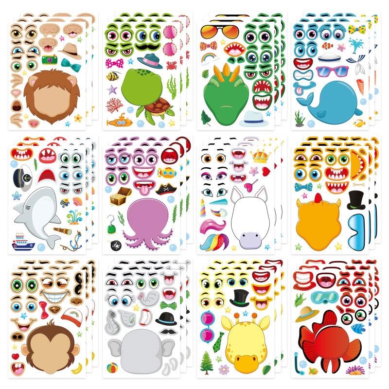 24PCS Reusable Animal Mix & Match Sticker Sheets for Kids | Safari, Sea & Fantasy Faces | Party Bag Fillers, Birthday Favors, Art Class Activity Supplies (Lion, Shark, Unicorn, Dinosaur) ﻿