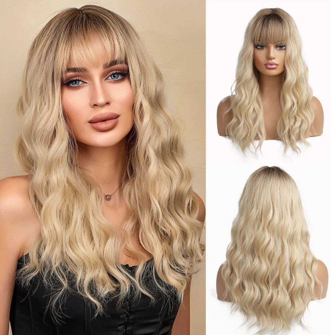 Esmee Long Wavy Blonde Wigs for Women Synthetic Hair Heat Resistant Ombre Wig with Fringe for Daily Party Cosplay Use-22Inches