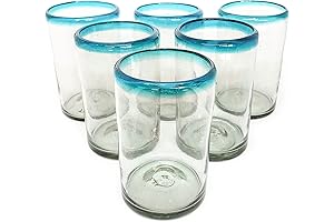 Aqua Blue Rim 14 oz Mexican Teal Handmade Glassware Set of 6