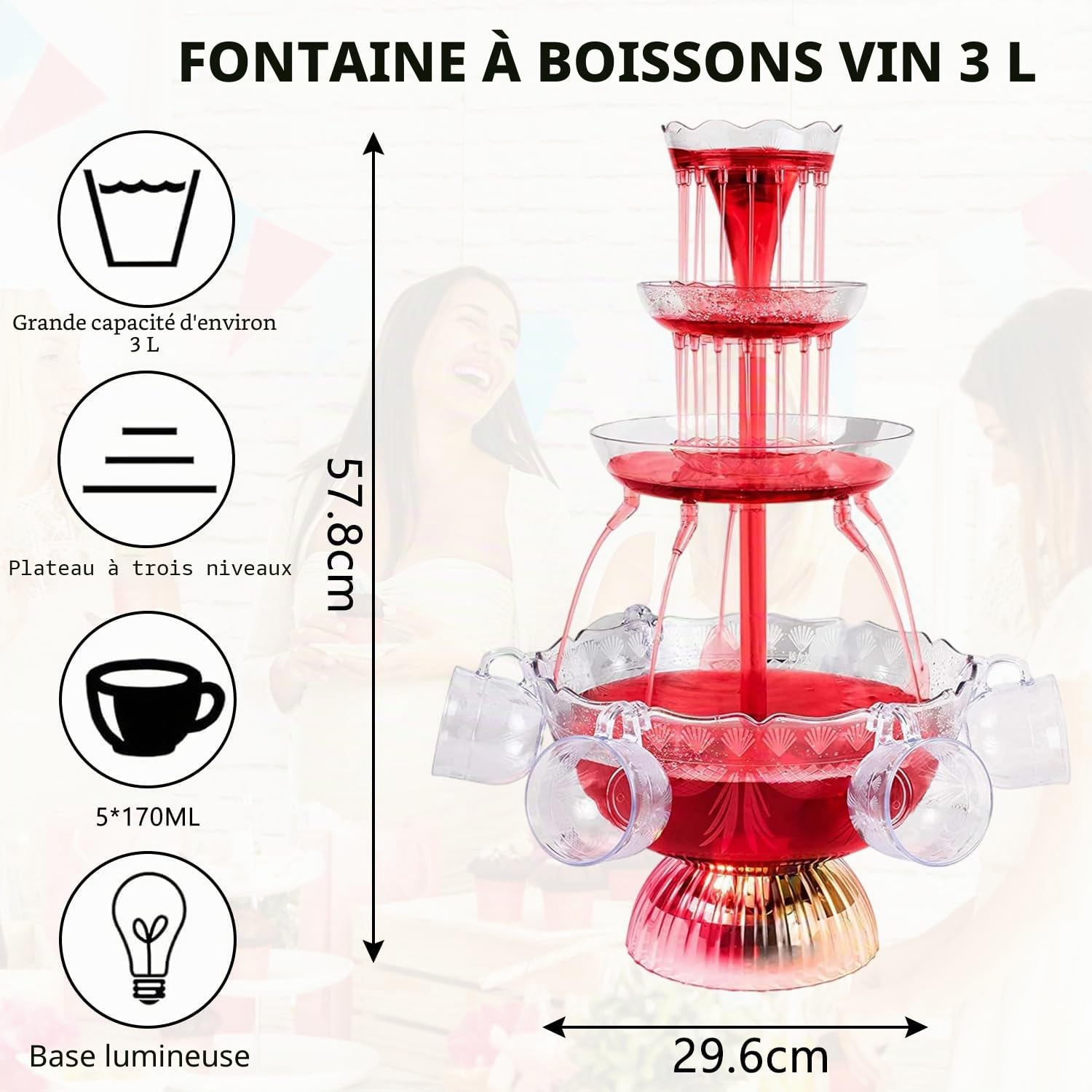 Fontaine de Fête Transparente à 3 Niveaux avec Brosse, Fontaine Cocktail avec 5 Gobelets Réutilisables, Socle éclairé par LED pour Jus et Vin pour Pubs, Fêtes à la Maison et Fêtes d'anniversaire