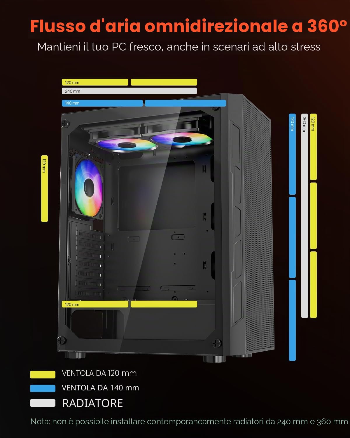 VEVOR Case per PC Compatto, 3 Ventole ARGB da 120 mm Case per Computer da Gioco con Pannelli in Vetro Temperato ad Alto Flusso d'Aria, per GPU Fino a 320 mm di Lunghezza, per ATX/M-ATX/ITX