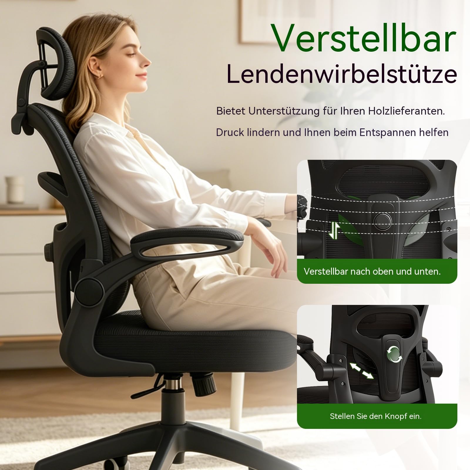 Ergonomischer Bürostuhl, Höhenverstellbarer Schreibtischstuhl – Drehstuhl mit Klappbaren Armlehnen, Atmungsaktivem Mesh, Verstellbarer Kopfstütze und Lendenwirbelstütze – für das Homeoffice, Schwarz