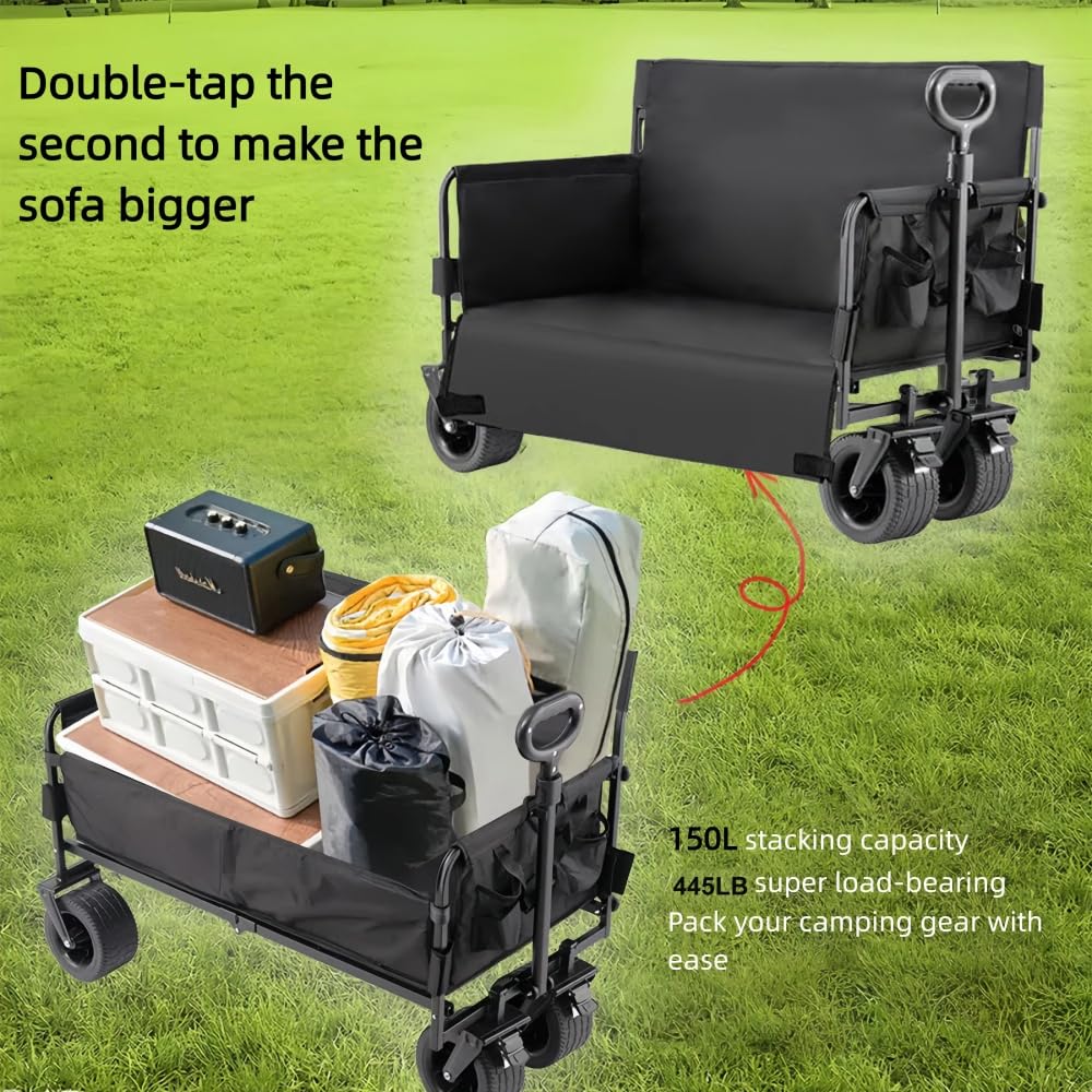 Chariot Pliable Multifonction 200kg, Plage/Camping/Courses, Roues 360° | 200kg/445LBS, chariot pliable tout-terrain, rangement compact, idéal plage/camping/courses, cadre renforcé
