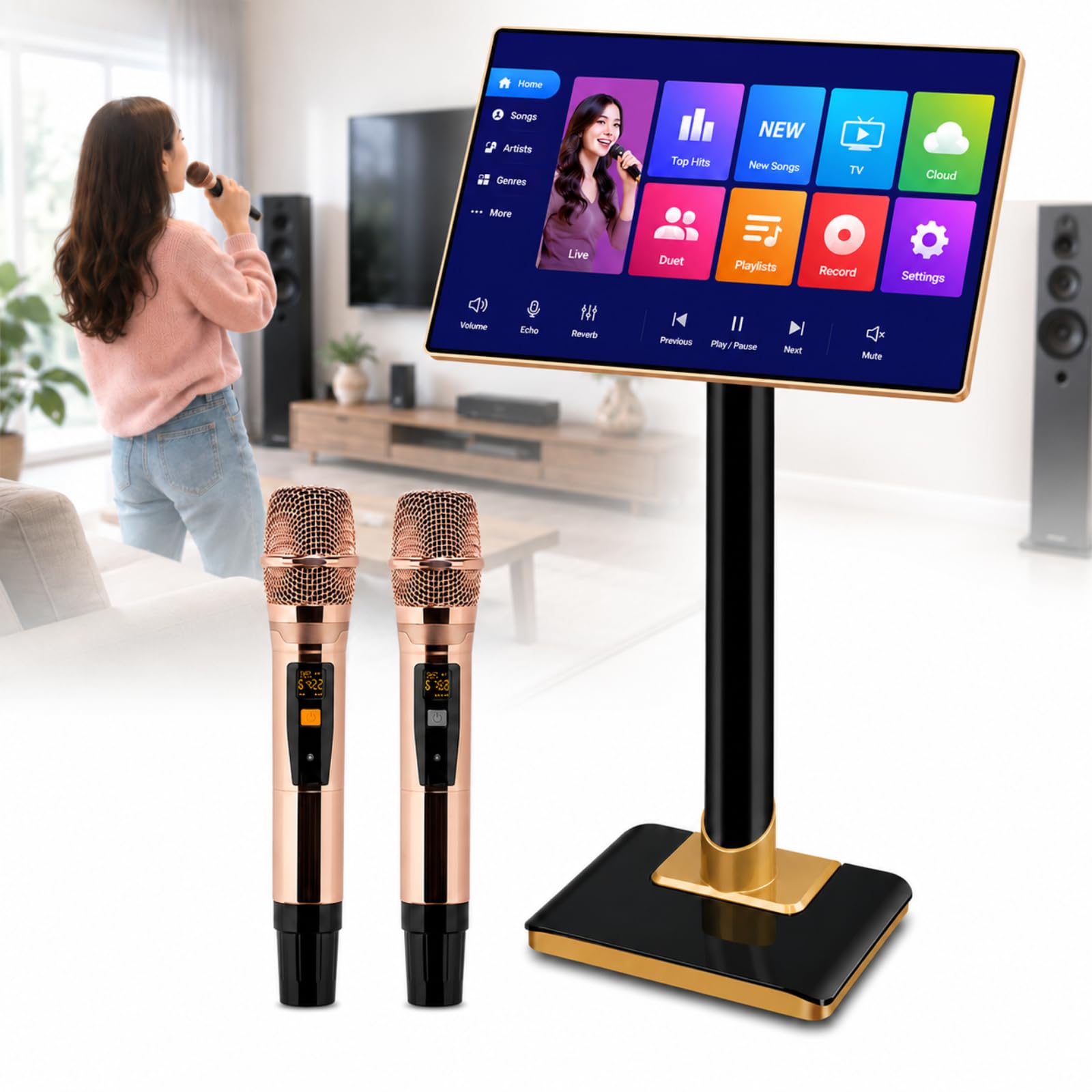 Maszyna do karaoke, 21,5 cala, profesjonalny system karaoke z ekranem dotykowym z aplikacją i Wi-Fi, 1,1 miliona utworów w chmurze do domu