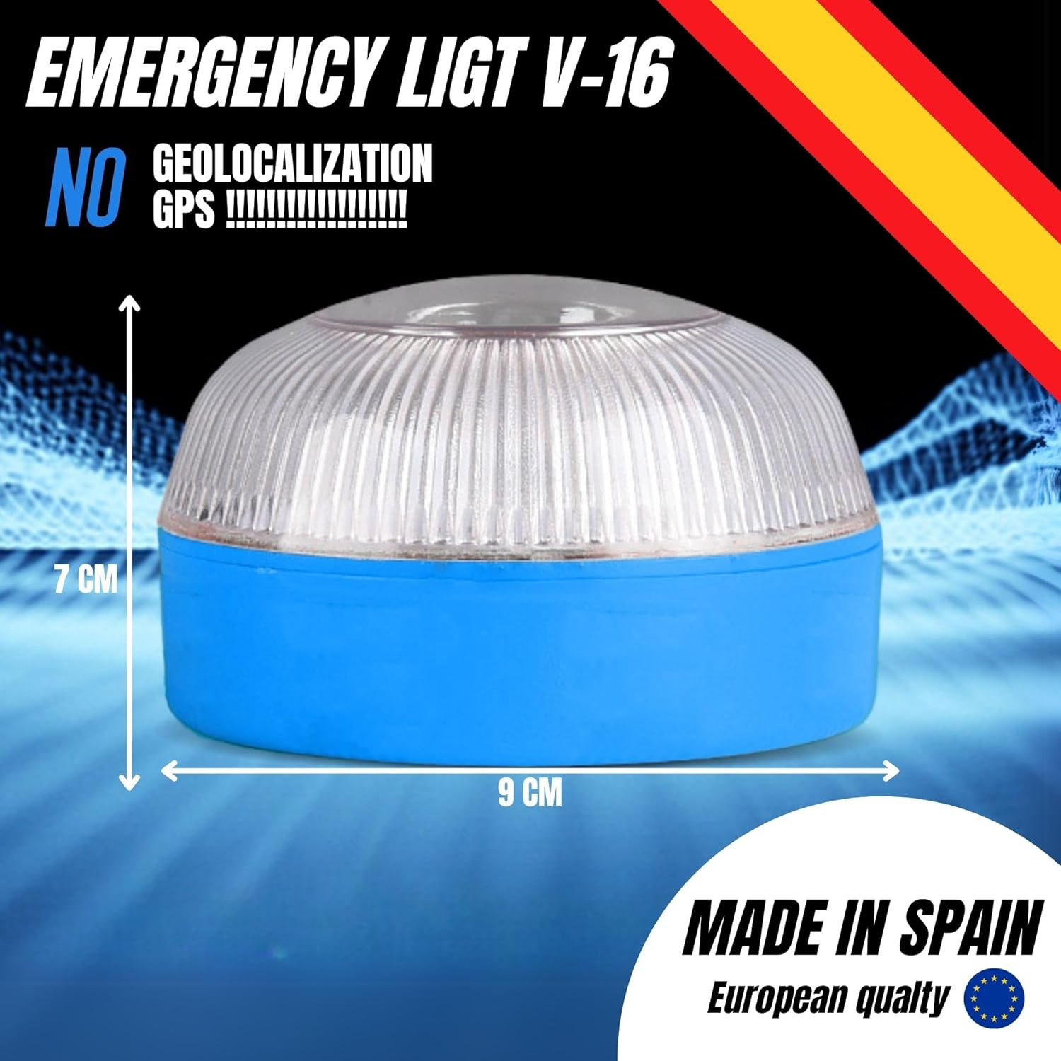 A single V16 emergency light showing its dimensions: 7 cm in height and 9 cm in width.