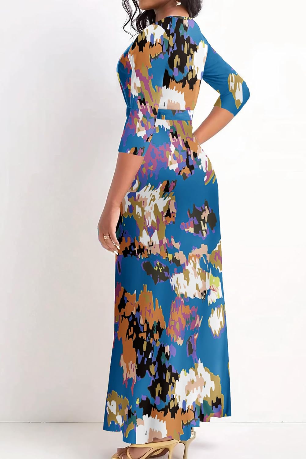 FANDEE Women's Maxi Dress 2024 Floral Print Boho Dress Summer Long Maxi Dress V-Neck 3/4 Sleeve with Pocket - Image 2